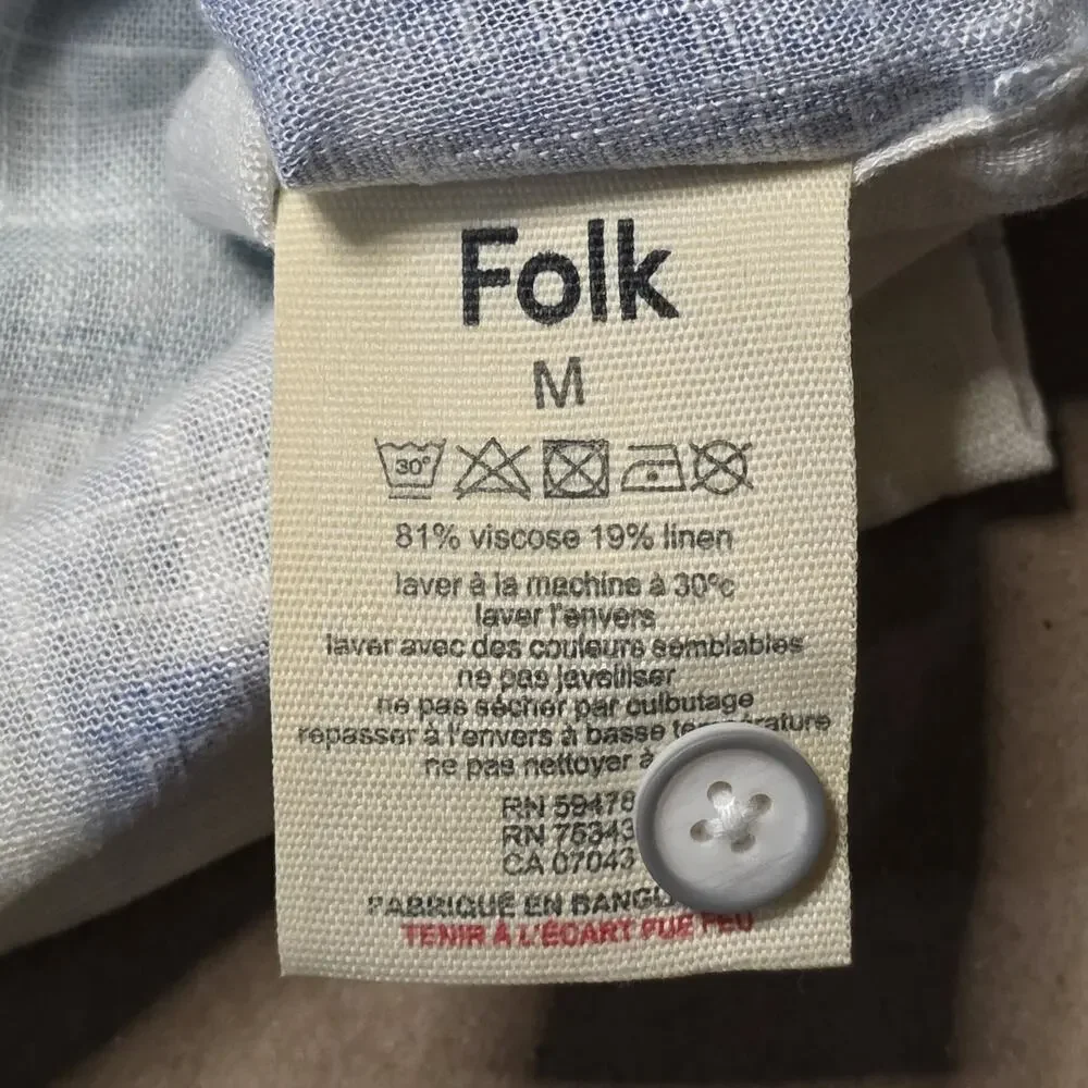 FOLK Men's PALCONT Short Sleeve Linen Blend Abstract Shirt color Blue Size M NEW